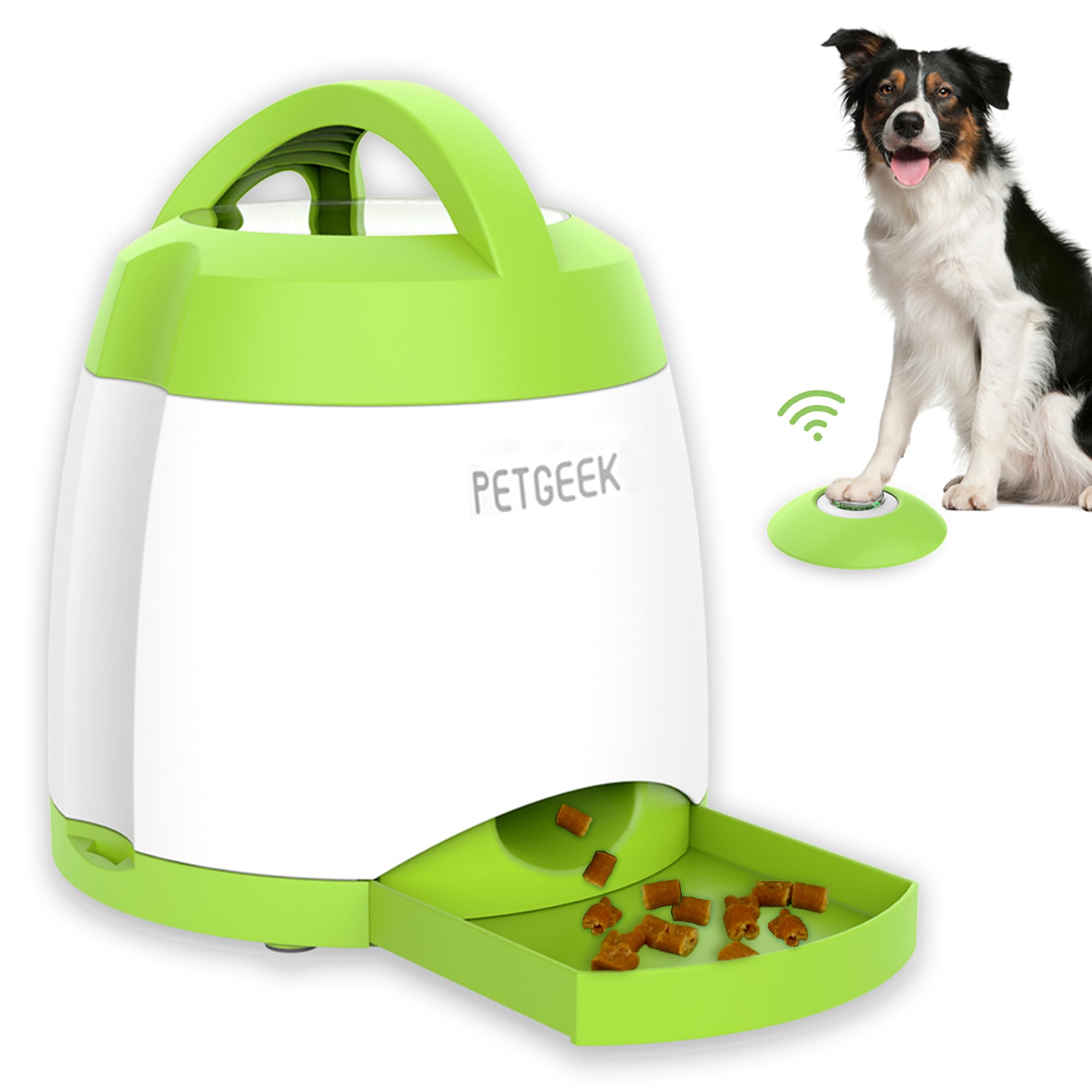 Photo 1 of PETGEEK Automatic Dog Treat Dispenser with Button, Dog Button Feeder with Dual Power Supply and Remote Control, Dogs Puzzle Toys and Interactive Pet Toys for Indoor or Outdoor Play(Green)