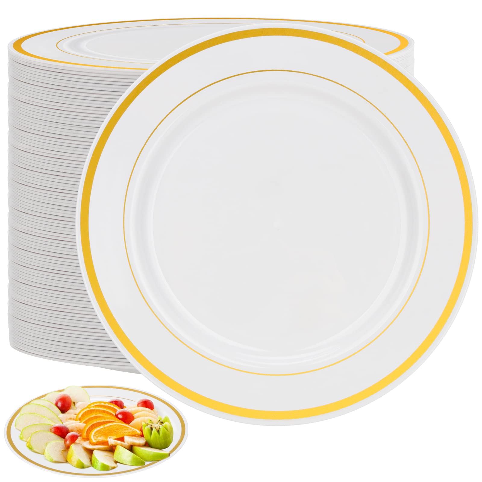MUKLEI 80 Pack 7.5 Inch Premium Multi-Use Plastic Dining Plates with Gold Rim, Plastic Party Plates, Party Dessert Plate for Parties, Weddings, Anniversaries, Caterings and Picnics
