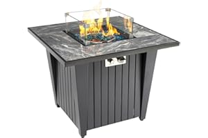 AJ Enjoy 32'' Propane Fire Pit Table, Marble Tile Ceramic Tabletop with Glass Wind Guard, 50,000 BTU Fire Table with Inclined Leg and Art Powder Design, Blue Glass Rocks, Including Lid&Cover, Grey
