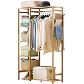 Ufine Bamboo Garment Rack 6 Tier Storage Shelves Clothes Hanging Stand with Side Hooks, Heavy Duty Clothing Rack Portable Wardrobe Closet Organizer