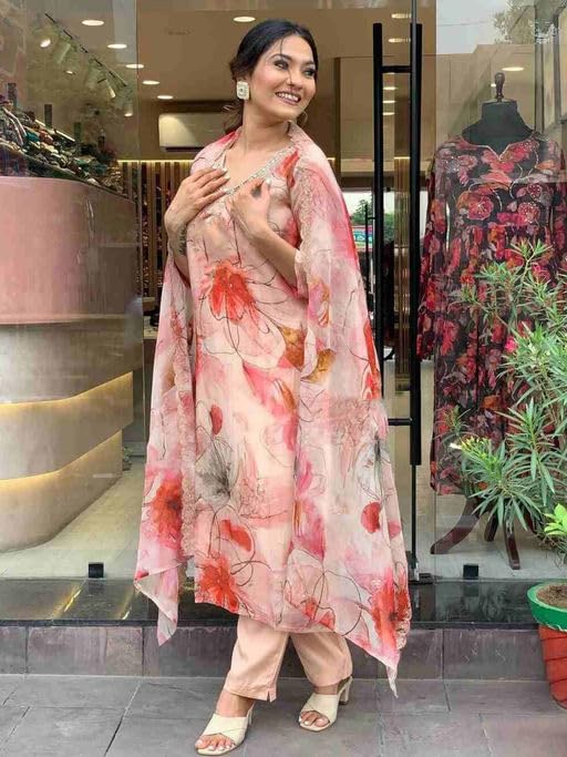 SHIENZY Cotton Blend Embroidered V Neck Kurta Set for Women | Straight Fit Kurta with Pants & Dupatta | Casual Office Wear Ethnic Kurti for Women(1499SHZ_PNK_XL) Pink 3