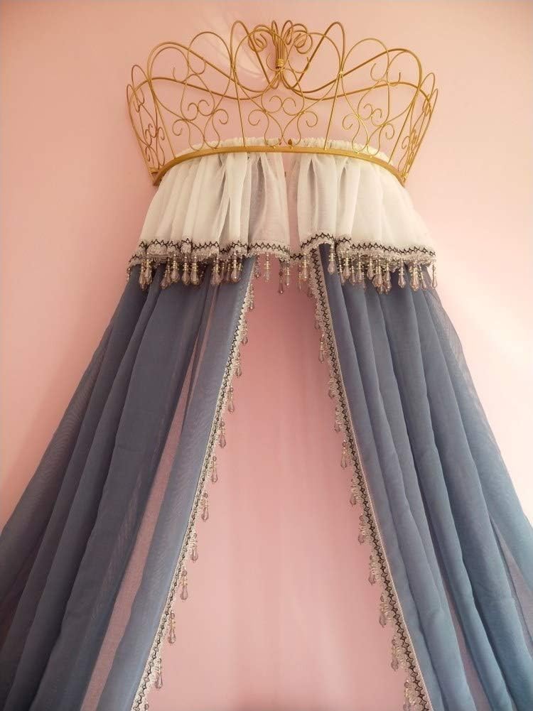 HOMEJYMADE Linen Princess Crown Bed Canopy,Reading Nook Tent Dome Mosquito net for Kids Crystal Beads Curtain Gray-Purple-A