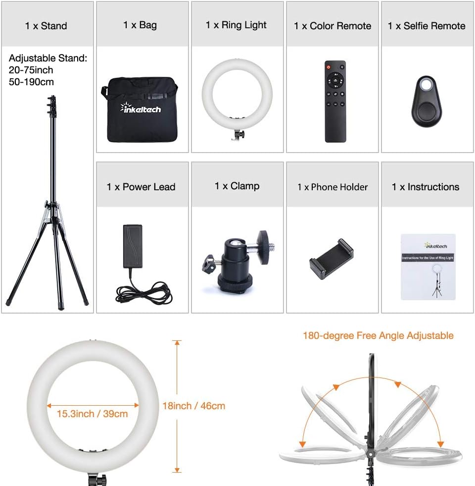 Inkeltech Ring Light - 18 inch 3000K-6000K Dimmable Bi-Color Light Ring, 60W LED Ring Light with Stand, Lighting Kit for Vlog, Selfie, Makeup, YouTube, Camera, Phone - LCD Screen & Remote Control : Camera & Photo