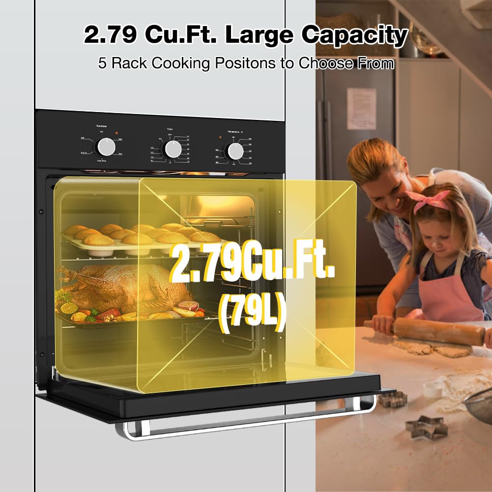 24 Inch Single Wall Oven, ETL Certified, ThermoMate 2.79 Cu. Ft. Built-in Electric Wall Oven with 5 Cooking Functions, Built-in Ovens with Anti-Mistouch Knob, Black Tempered Glass Finish