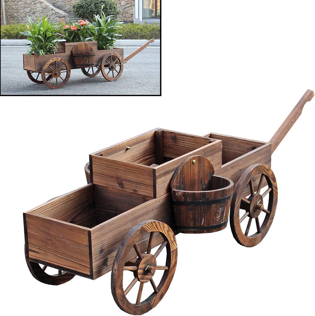 Wooden Barrel Planter, Stand W/Wheels Home Garden Outdoor Decor, Wood Wagon Stand Flower Plante Pot, for Patio Plant