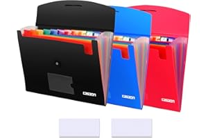 CASAON 3 Pack 13-Pocket Expanding File, Plastic Expandable File Folder with Pockets, Accordion Organizer Folder - Black&Blue&Red