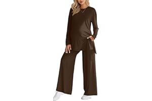 Sweetyweee Women's Maternity Lounge Sets 2 Piece Outfits Long Sleeve Side Slit Shirts Casual Wide Leg Pants with Pockets