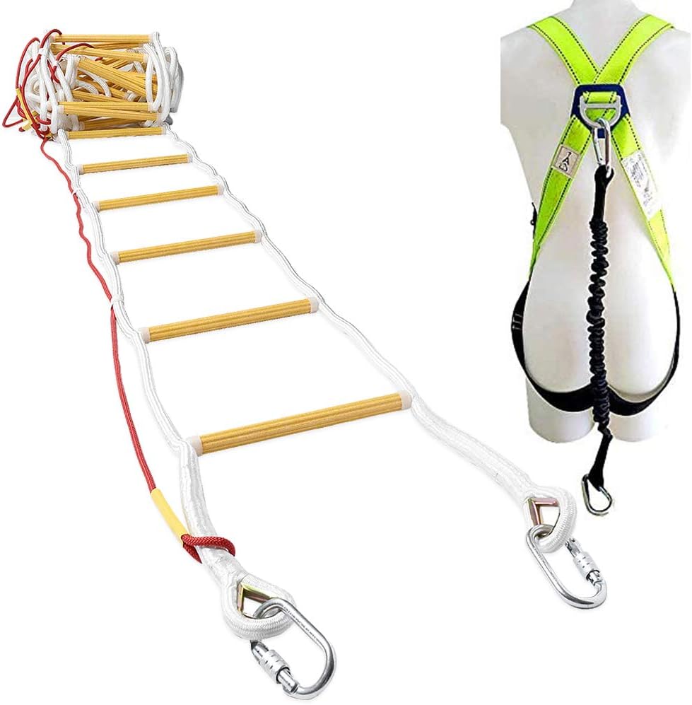 Rope Ladder Fire Escape for 3-4 Story Homes 32 ft (10 m) Flame Resistant Unique Emergency Fire Ladder with Spring Hooks
