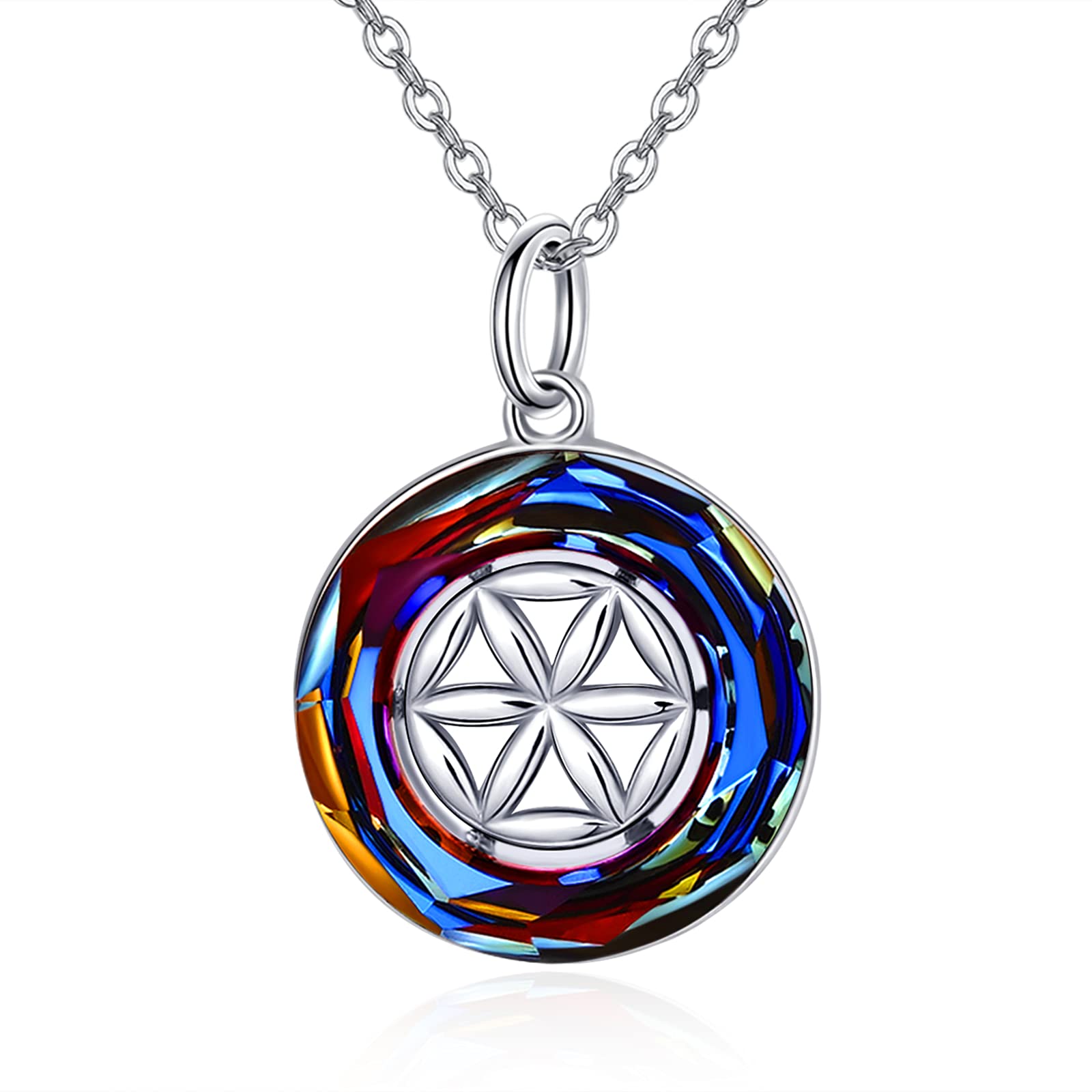 praymos Circle Crystal Necklace for Women Girls 925 Sterling Silver Aurora Crystal Pendant Jewellery Gifts for Wife Girlfriend Mum Daughter