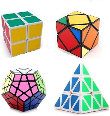 Mayatras Shengshou Skewb Cube Black Base, Shengshou 2x2x2 Puzzle Cube White, Shengshou Megaminx Black/White Speed Cube, Pyraminx Triangle Pyramid Magic Cube Puzzle (4 Cubes)