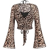 WDIRARA Women's Plus Size Leopard Halter Tops Mesh Long Bell Sleeve Tie Back T Shirts