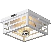 CALOKES Outdoor Flush Mount Motion Sensor White Ceiling Light - Timeless Industrial Design with Seeded Clear Glass for Your P