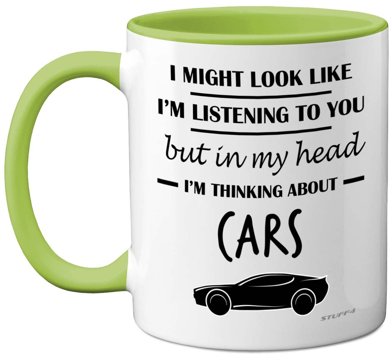 Stuff4 Gifts for Car Enthusiasts - in My Head I'm Thinking About Cars - Funny Classic Mug, Gifts for Lovers, Petrol Head 11oz Ceramic Dishwasher Safe Premium Green Handle Mugs