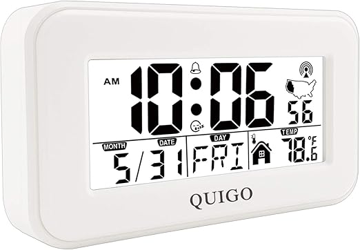 Amazon Com Quigo Small Digital Alarm Clock Atomic Battery Operated Desk Bedroom Bedside Nightstand Kids Smart Travel Temperature Day Date White Home Kitchen