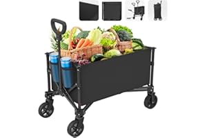 HOMGIM Collapsible Wagon, Folding Wagon Garden Cart Heavy Duty with Side Pocket and Terrain Wheels, Large Capacity Foldable Grocery Beach Wagon for Garden Sports Camping Shopping (Black)