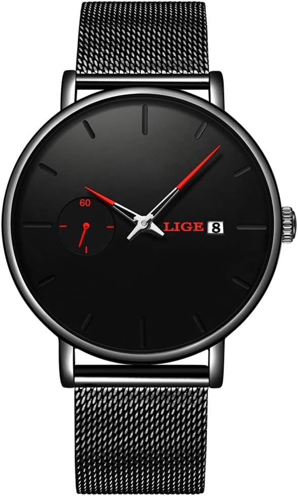 Father's Day LIGE Mens Watch Black Simple Sports Waterproof Fashion with Stainless Steel Mesh Band Wrist Watches for Men Business Dress Waterproof Casual Quartz Watch for Man （Red Pointer）…