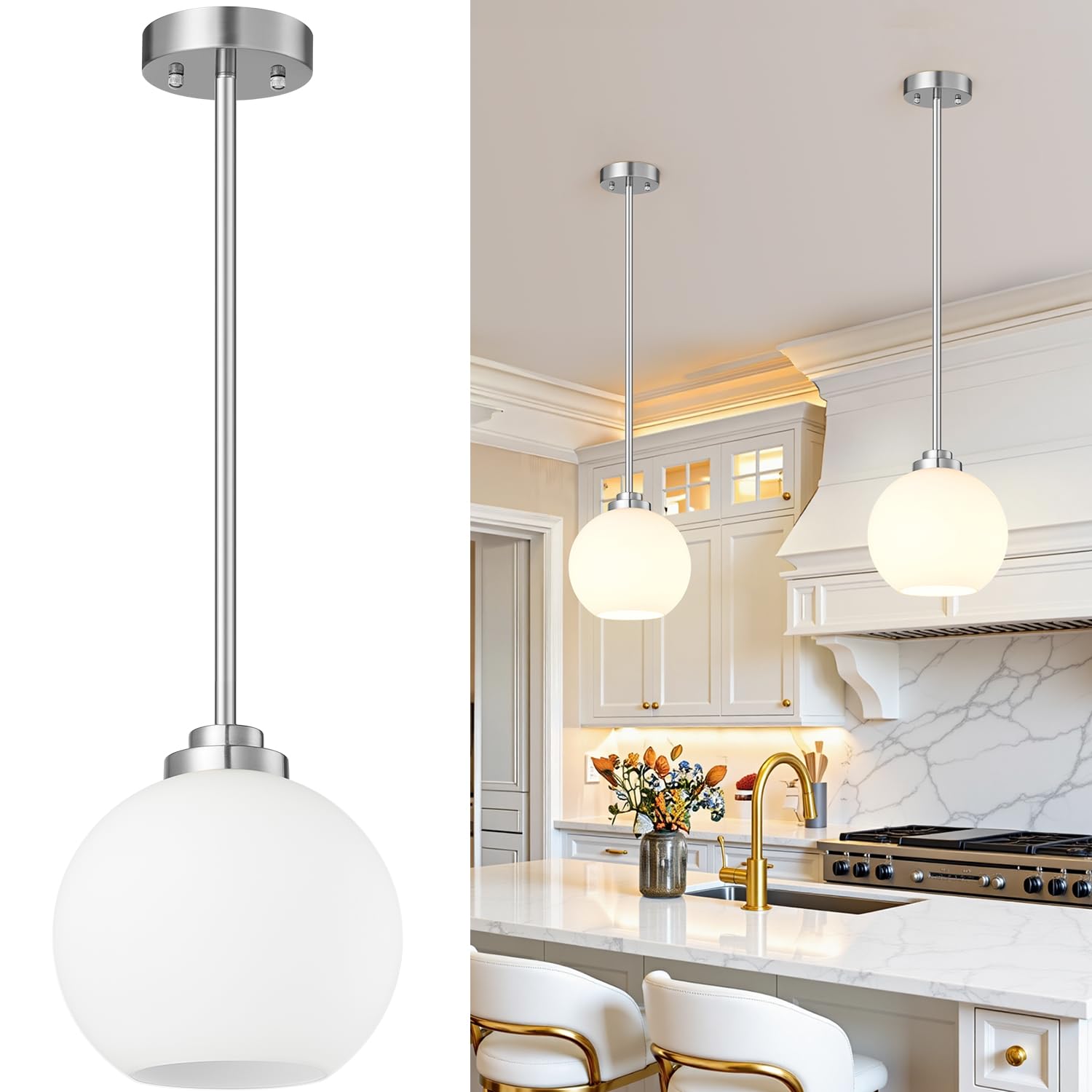 Photo 1 of 2 Pack 7.2-Inch Globe Pendant Lights, Mid Century Brushed Nickel Pendant Light Fixtures, Globe Pendant Lights Kitchen Island with Milk Glass Shade Hanging Fixture for Dining Room Bulbs not Included