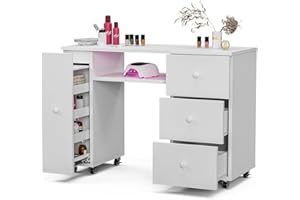 Paddie Manicure Table Nail Desk for Nail Tech, Nail Table Station w/3 Drawers & 1 Vertical Storage Cabinet, Beauty Salon Nail Supplies Workstation Acetone Resistant w/Lockable Wheels, White