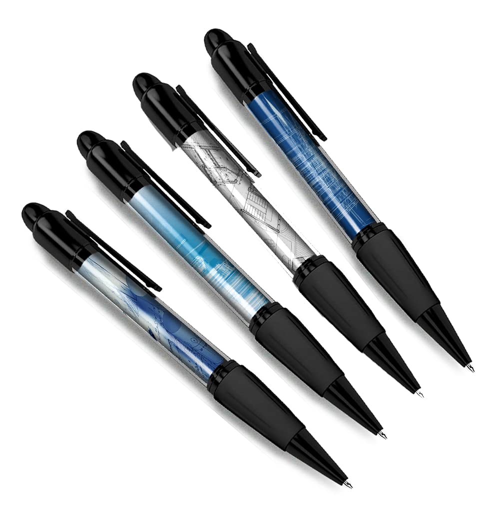DV DESIGN Set of 4 Architect Black Ballpoint Pens - Architecture Blue Prints Congratulations Student Job Boys Girls Men Women Theme Pen #79379