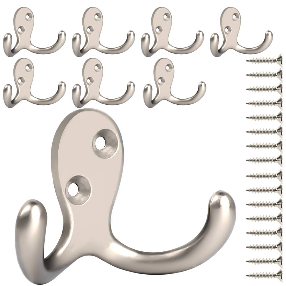 IBosins 8 Pack Heavy Duty Double Prong Coat Hooks Wall Mounted with 16 Screws Retro Double Hooks Utility Hooks for Coat, Scarf, Bag, Towel, Key, Cap, Cup, Hat