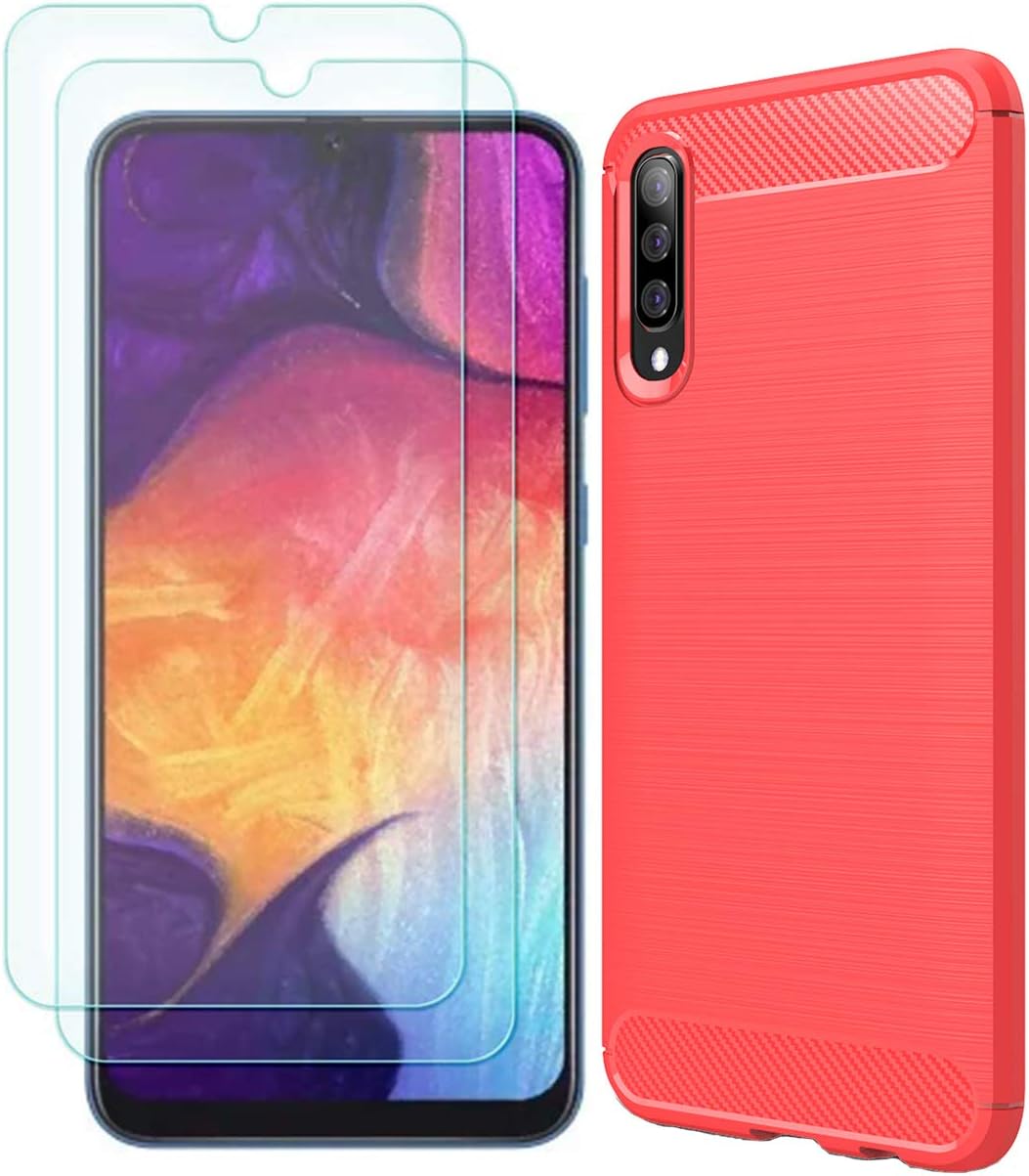 MYLBOO Compatible with for Samsung Galaxy A50/A50S/A30S Case,[3 in 1] Soft Slim Flex TPU Silicone Phone Case + [2 Pack] 9H Tempered Glass [Anti-Scratch] for Galaxy A50/A50S/A30S (Red)