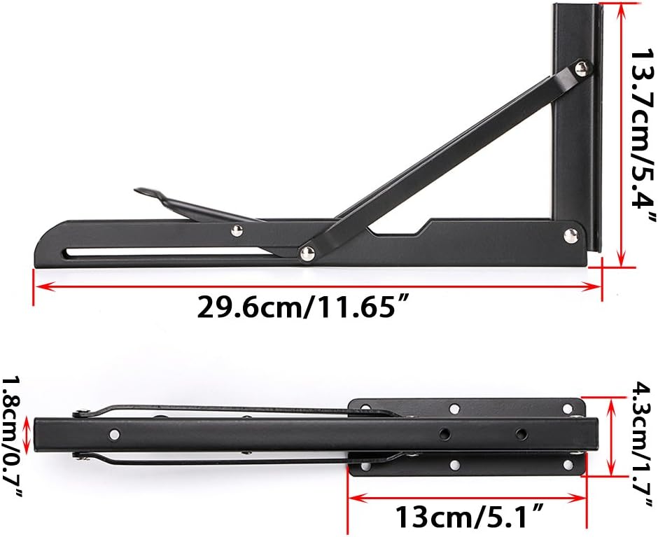 Sumnacon Sturdy Folding Shelf Brackets - Heavy Duty White Metal Triangle Table Bench Folding Shelf Bracket 12 Inch, 2 Pcs Folding Shelf Hinge Wall Mounted, Max Load 132lb(Black): Home Improvement