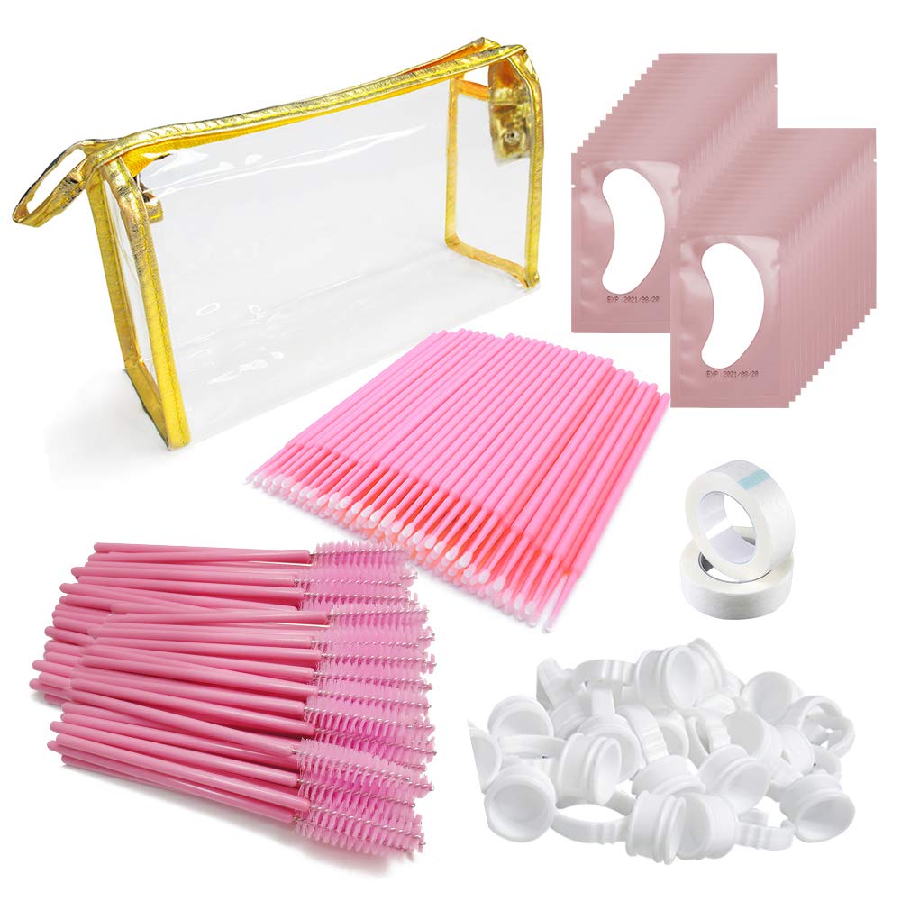 4x100 Packs Eyelash Extension Kits Pink - Under Eye Pads & Eyelash Mascara Wands Applicator Makeup Brush & Glue Rings Holder Nail Art Tattoo & Micro Applicators Brush Beauty Tools