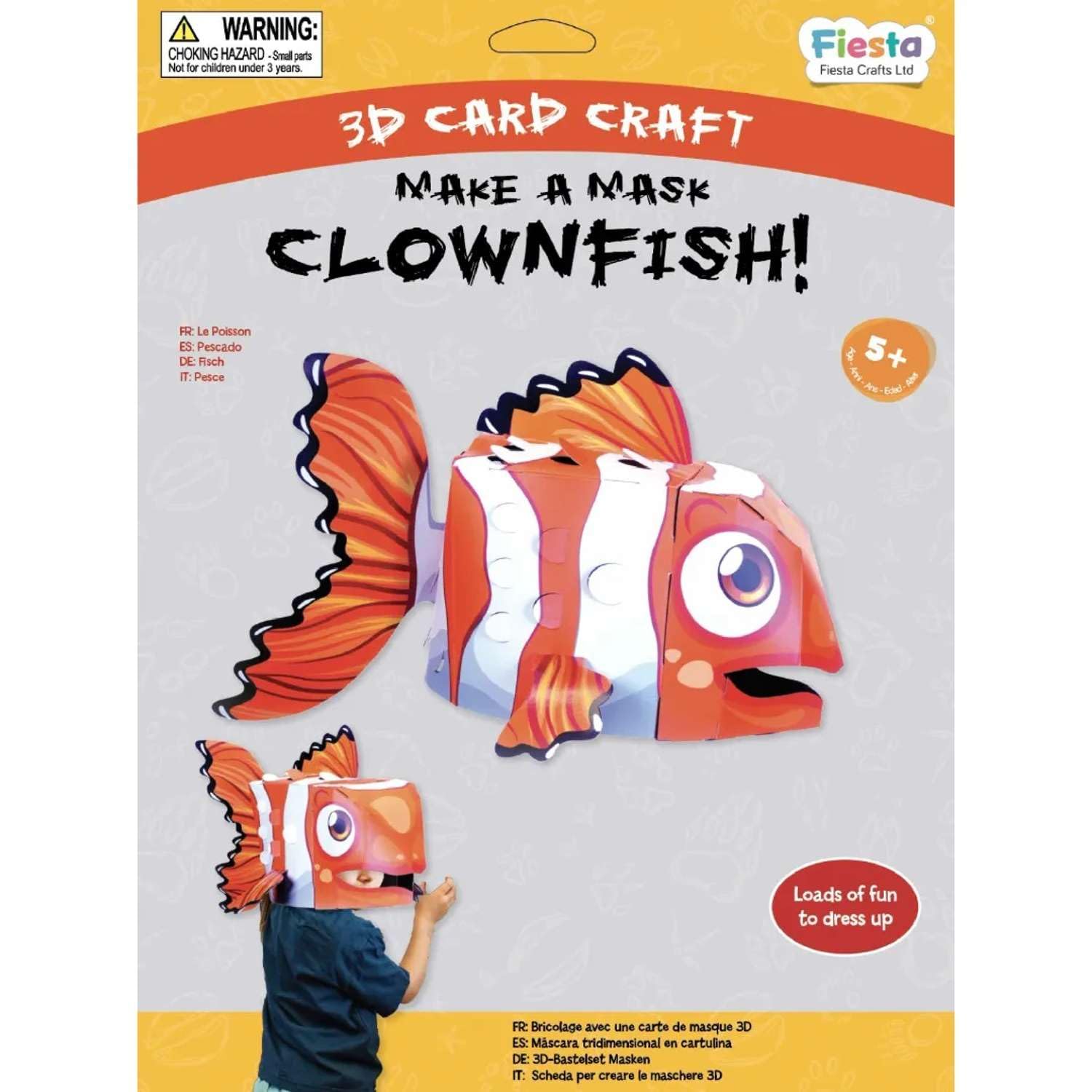 Fiesta Crafts T-3054 3D Clownfish Mask Kit - Colourful & Easy to Assemble Dino Head Costume - Complete Arts and Crafts Set to Improve Motor Skills, Creativity, & Imagination - Fits Kids & Adult Heads