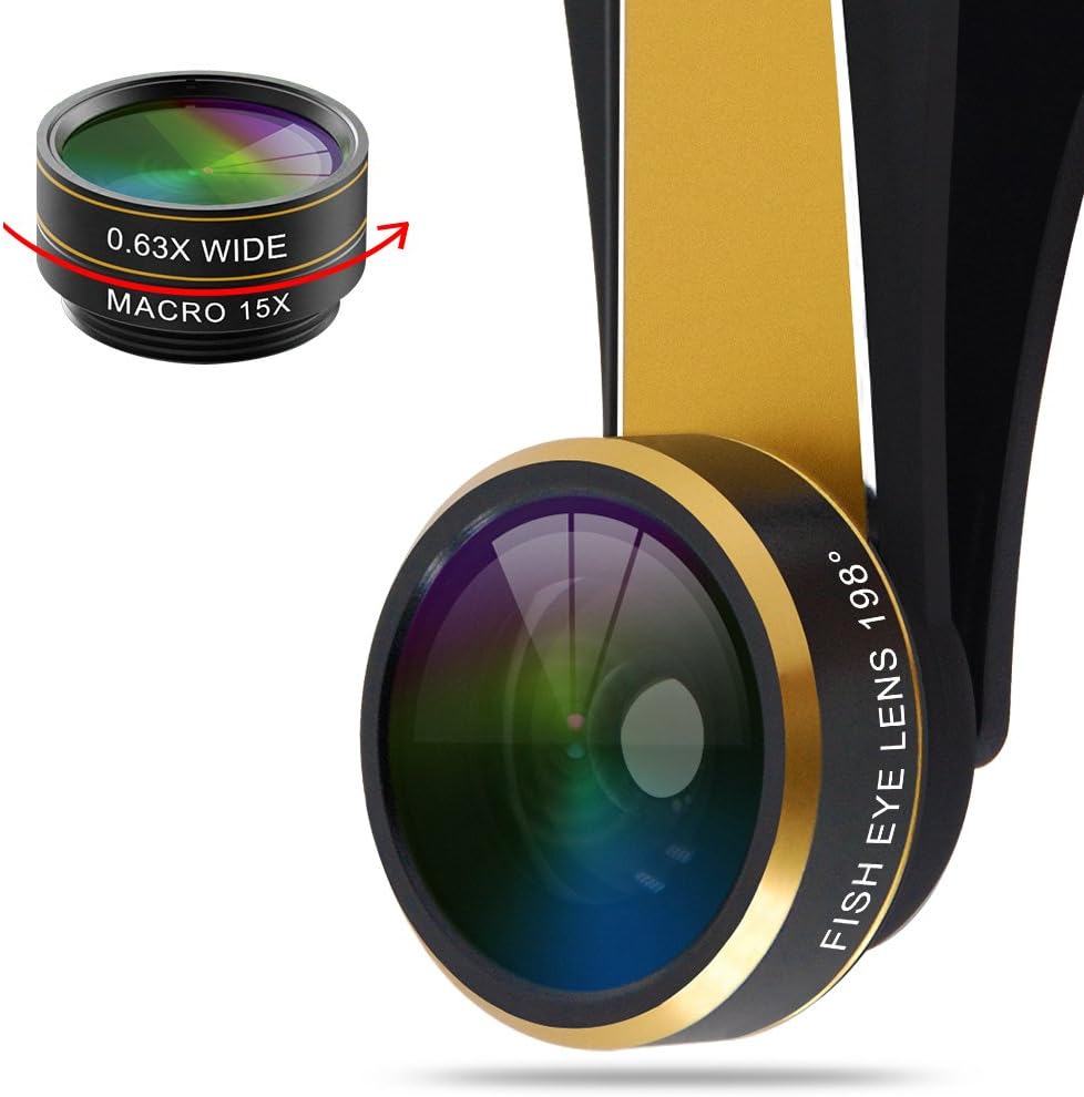 ARBITRON GLOBAL 3-in-1 Cell Phone Camera Lens Kit- Clip on 198 Degrees Fish Eye- 15x Macro- .63X Wide Angle- for iPhone, Samsung Galaxy S6, S7 Edge, HTC, LG, Other Smartphones- Gold