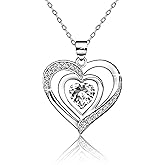 PURSOPHY CHCH lady silver necklace Silver Double Heart Pendant Necklace 925 Sterling Silver Heart Necklace Women's Birthstone Necklace Sterling Women's Silver Jewelry
