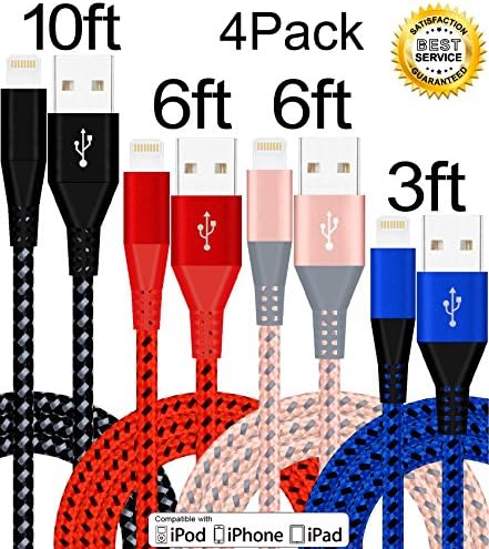 Beyoner 4 Pack Lightning Cable Nylon Braided Charging Cord for Apple iphone 7, 7plus, SE, iPhone 6s, 6s+, 6+, 6,iPad Mini,Air,Pro,iPad5,iPod (Blue Black,Red Black,Rose gold,Black Grey)