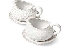 LE TAUCI Gravy Boat with Saucer Stand 24oz, Ceramic Sauce Boat with Tray for Salad Dressings, Creamer, Broth, Black Pepper, Set of 2, Arctic White, Firework+Clover (No Ladle)