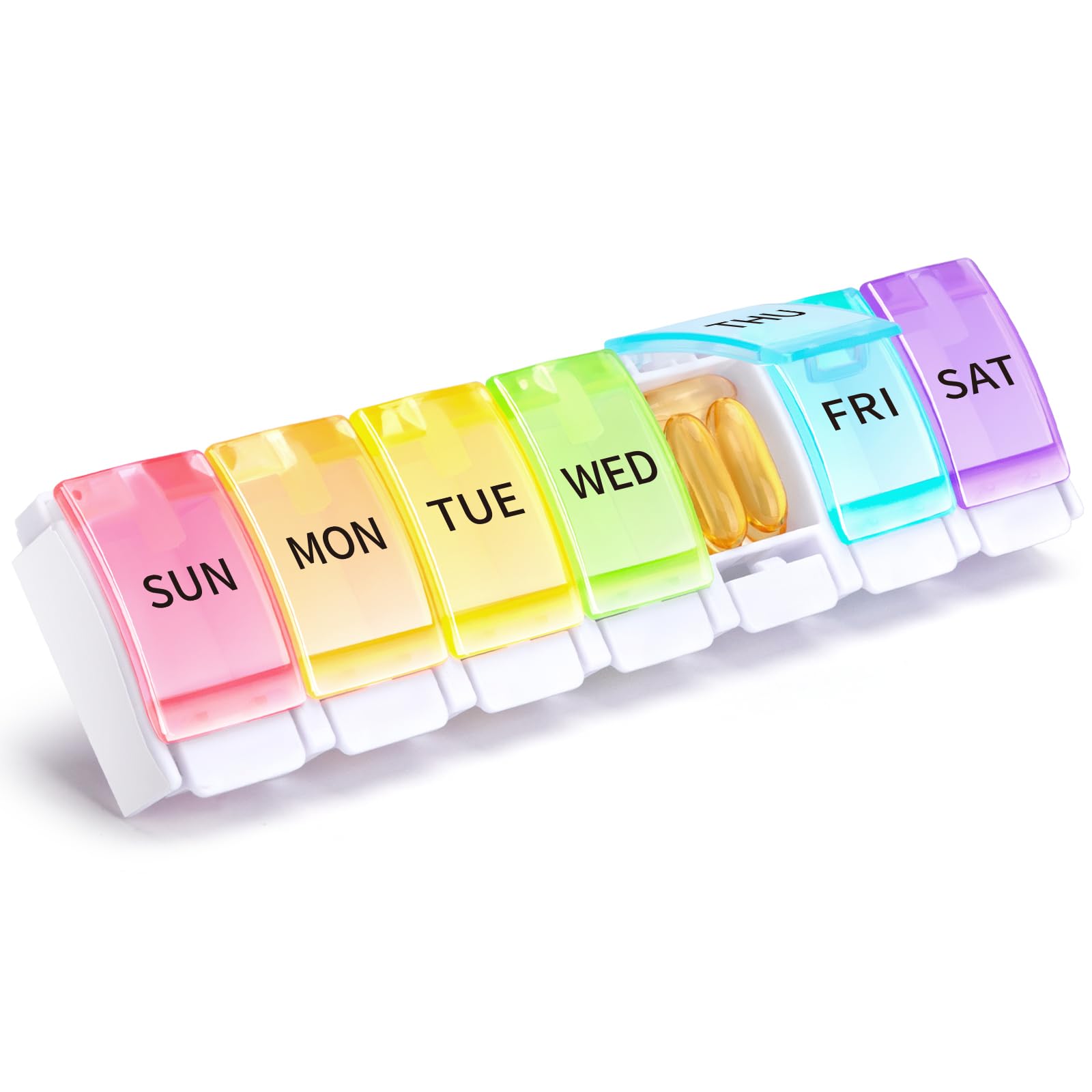 Opret Pill Organiser 7 Day, Weekly Pill Box 1 Times a Day, Push Button Pop Open Design Travel Tablet Organiser with 7 Large Compartments, BPA Free for Vitamins Supplements Medication