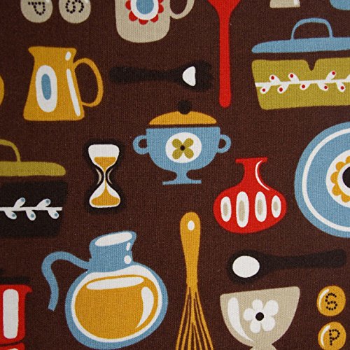 1 Pocket Pot Holder With Hanging Loop - Vintage Tableware & Tools On Brown With Blue Accent Fabric