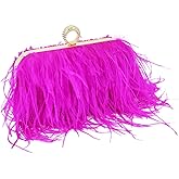 Women Ostrich Feather Purse Ostrich Tote Bag Fluffy Feather Purse Fringe Clutch Evening Handbag for Party Prom Rose Red