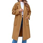 FSHAOES Womens Lapel Collar Pea Coat Open Front Overcoat Belted Long Jacket Outerwear