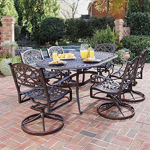 Patio Dining Set With Wide Swivel Bases And Umbrella Hole With Adjustable Nylon Glides In Bronze Seats 6 plus FREE GIFT