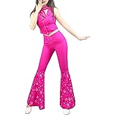 Naywig Cowgirl Outfit 70s 80s Hippie Disco Costume Pink Flare Pant Halloween Cosplay For Women Girls