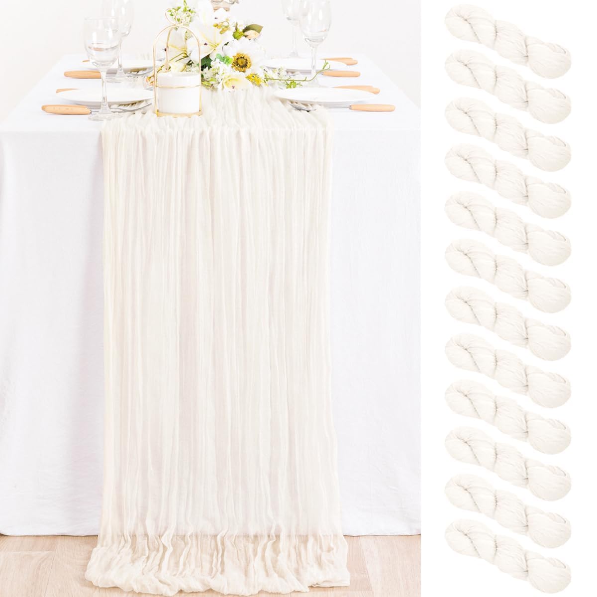 MLMC 12 Pack Ivory White Cheesecloth Table Runner Rustic Gauze White Cheese Cloth Table Runner 10ft Boho Cheese Cloth Centerpiece 35x120 Inches for Dessert Anniversary Wedding Bridal Shower Decor Image