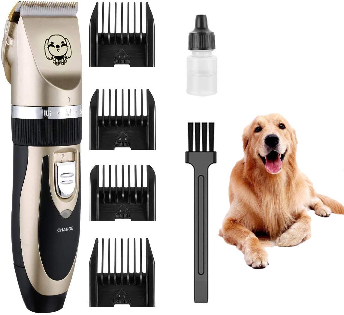 SeeKool Dog Clippers, Professional Pet Grooming Kit with 4 Comb Guides and scissors, Rechargeable Cordless Pet Shaver, Low Noise Electric Clippers Kit Low Vibration Clippers for Dogs and Cats