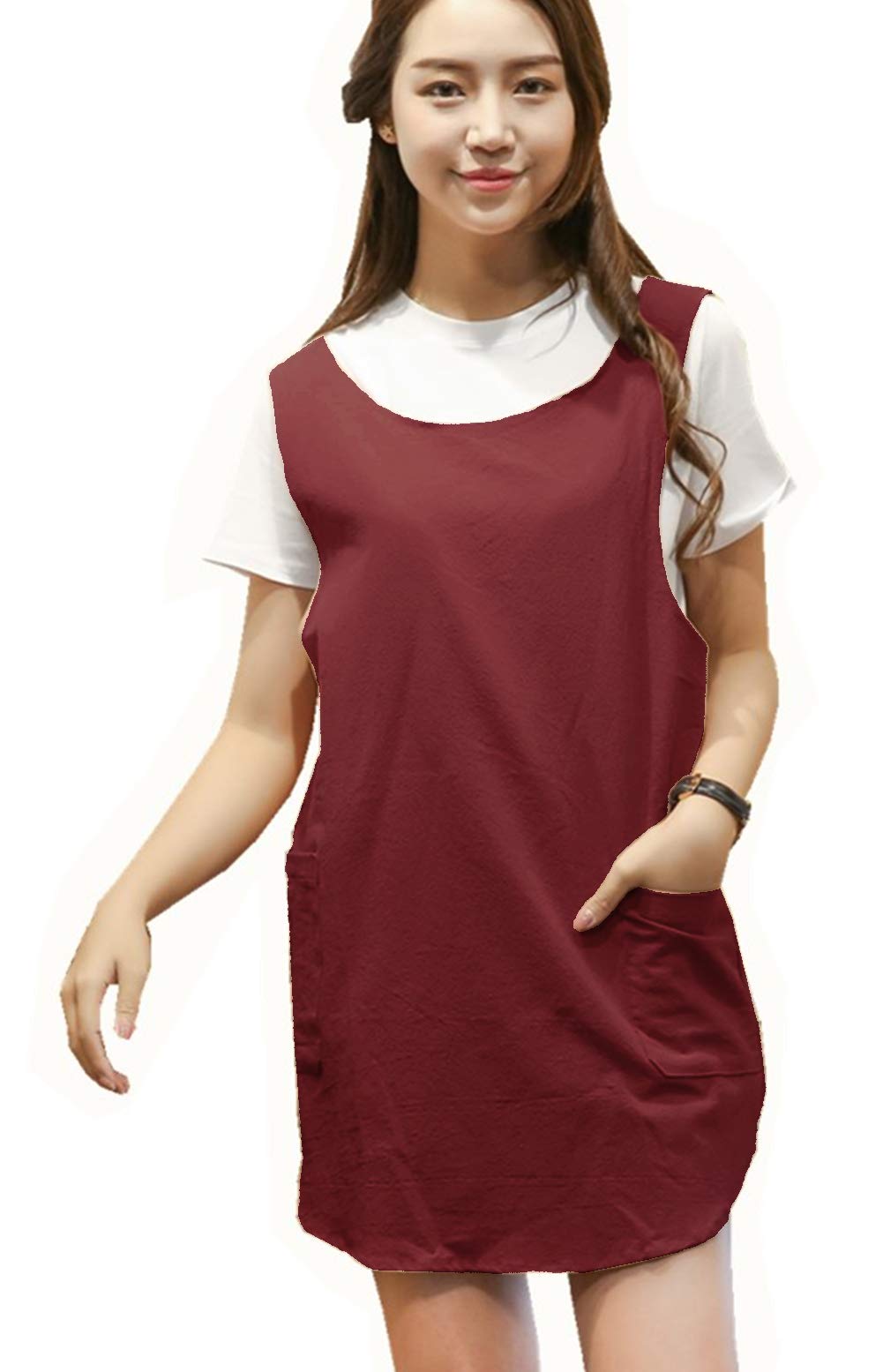 BBYBBS Cotton Linen Aprons Halter Cross Bandage Shortened Design Japanese Round Skirt, Darkred, One size