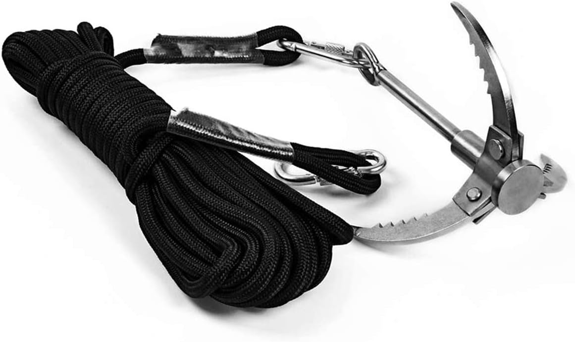 Cyfie Grappling Hook, with 10m/33ft 8mm Auxiliary Rope Upgraded Claw Stainless Steel Carabiner for Outdoor Activities EDC Tool in Your Bug Out Bag