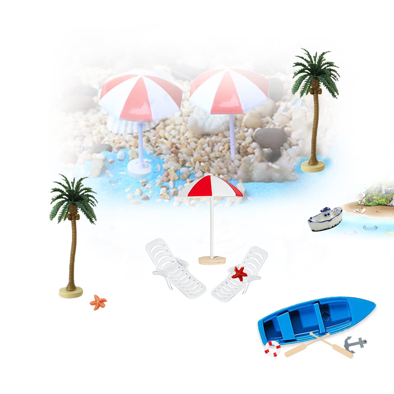 OMIGA 12 Pcs Hawaiian Beach Cake Decoration Chair Umbrella Palm Tree Boat Wood Pulp Starfish Sea Turtle DIY Birthday Beach Cake Toppers for Hawaiian Theme Birthday Wedding Party Decoration Supplies