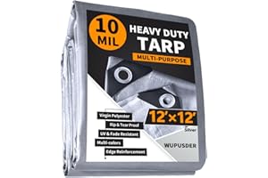 WUPUSDER 12'x12' Heavy Duty Tarp, 10Mil Silver Waterproof Tarps with Grommets, UV Resistant, Poly Tarpaulin with Reinforced Edges, Cover for Car, Roof, Camping