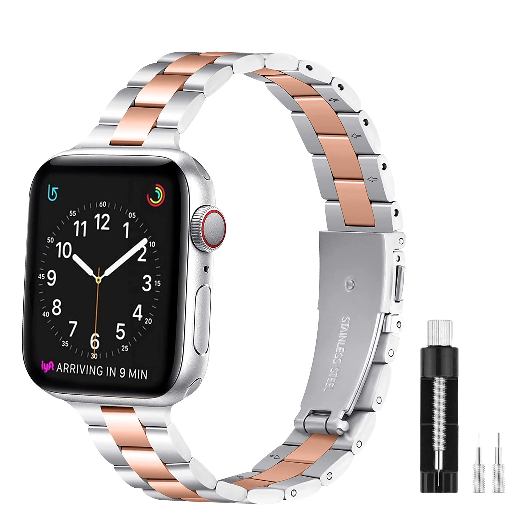 SEURE Compatible with Apple Watch Band 41 mm 40 mm 38 mm 45 mm 44 mm 42 mm, Women Men Adjustable Slim Stainless Steel Strap with Metal Clasp for Series SE/8/7/6/5/4/3/2/1