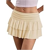 Verdusa Women's Ruffle Layered Mini Skirts Fold Over Flared Flowy Y2K Skirt with Shorts Underneath Summer Vacation Outfits