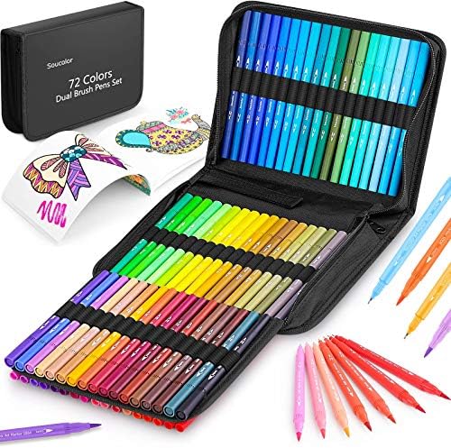 Coloring Markers Pens Set for Coloring E book, Soucolor 72 Colours Twin Tip Markers (Fineliner and Brush) with Case for Artist Instructor Newbie Journaling Sketching Drawing Hand Lettering