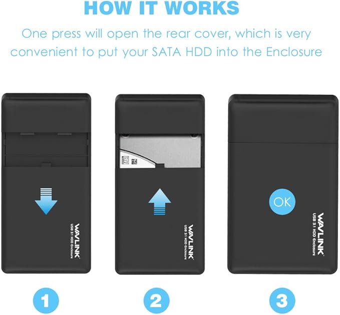 WAVLINK USB 3.1 A SATA/SSD/HDD de 2,5 Pulgadas Caja Externa Disco Duro sin Herramientas Tornillo Adaptador Funda con Interfaz de USB C [optimizado SSD, Compatible con UASP y 2 TB] - Negro: