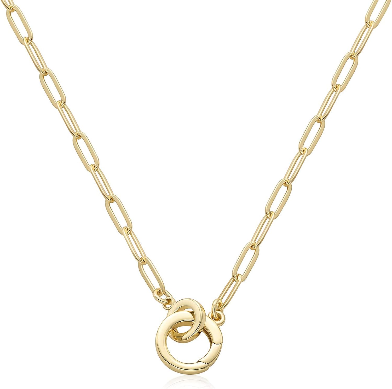 LANE WOODS Paperclip Necklace with Interlocking Circle Pendant 14K Gold Plated Dainty Link