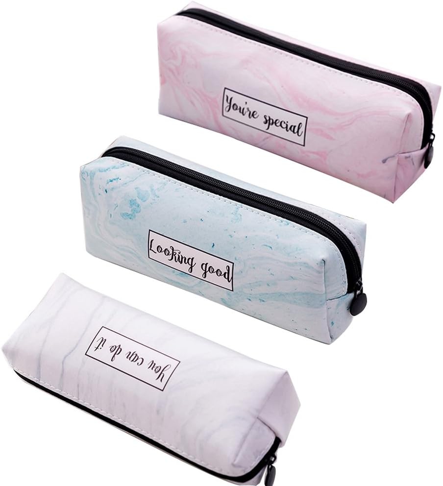 Marble Pencil Bag Cosmetic Bag PU Leather Pen Storage Pouch Makeup Brushes Holder Zipper Stationery Purse Cute Wallet Travel Portable Small Case 3PCS (Marble Pencil Bag)
